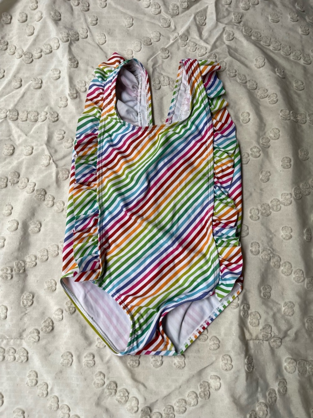 Girls Rainbow Striped Ruffle One-Piece Swimsuit